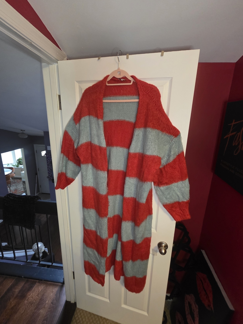 Fashion Nova Red and Light Blue Striped Oversized Open Cardigan
